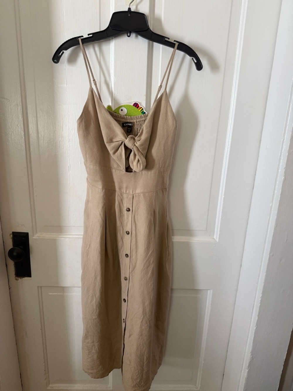 Express Neutral Tie-Front Button Midi Dress in Beige